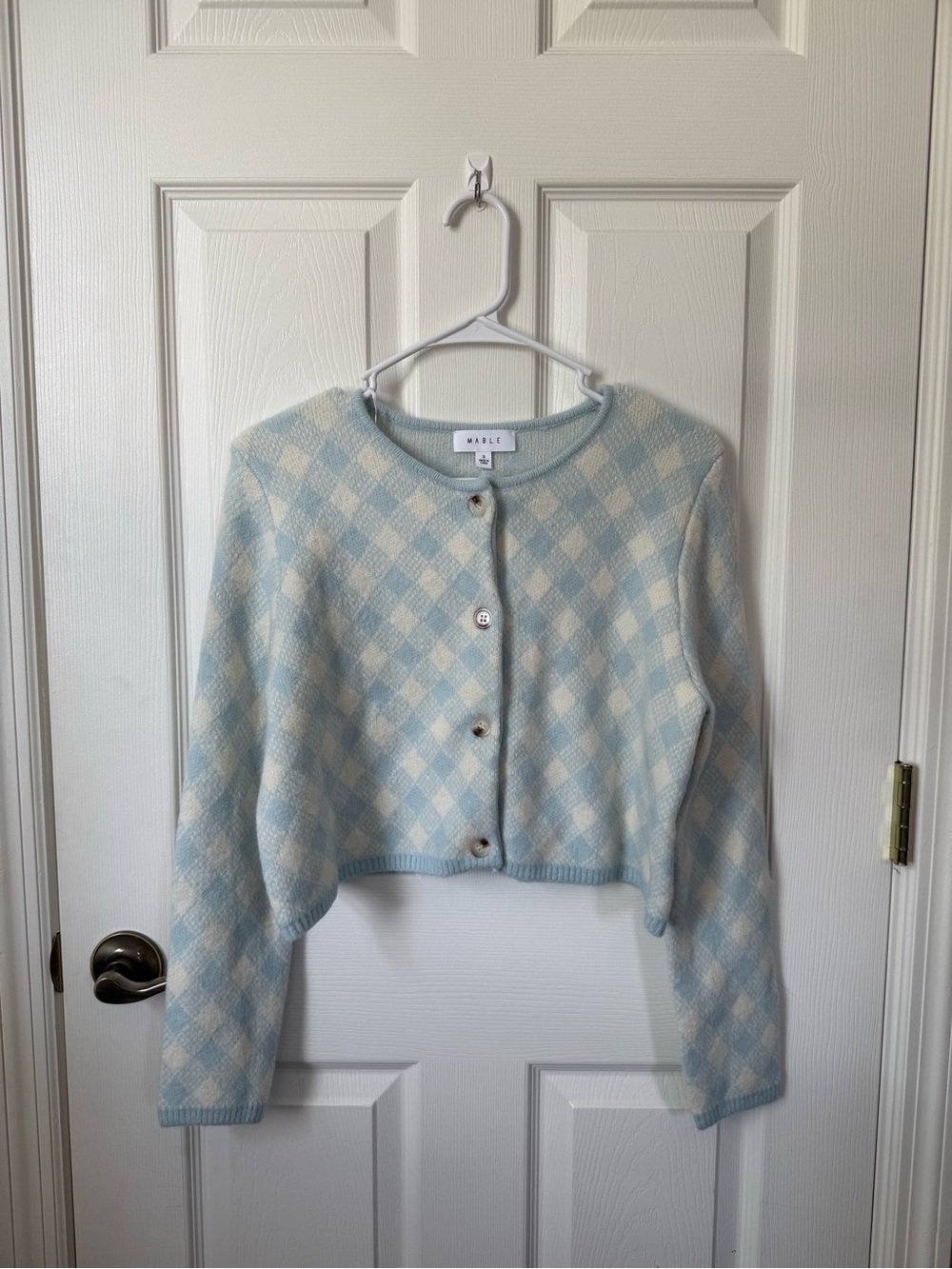 MABLE Light Blue & Cream Argyle Cropped Button Cardigan